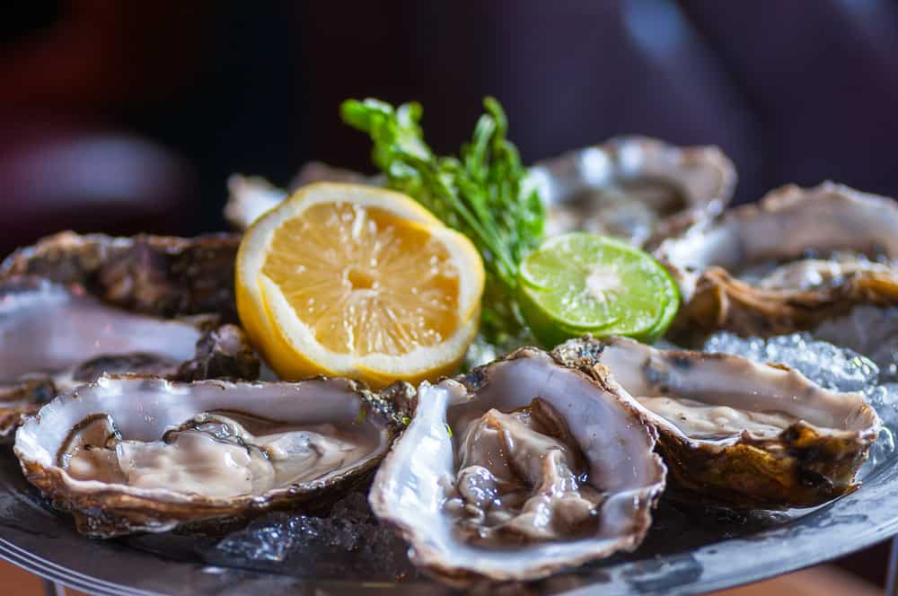 Raw oysters on the half shell at a beach restaurant in Miami. 