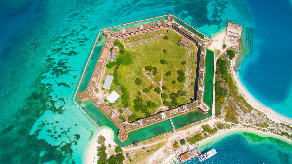 Dry Tortugas National Park is one of those best places to visit in Florida because of its unique structure: this picture shows it's Ariel, hexagon shape.