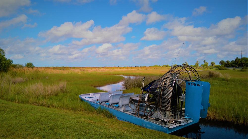 The everglades are one of the best places to visit in Florida, so this picture shows the green grass and marsh with an airboat on top of it.