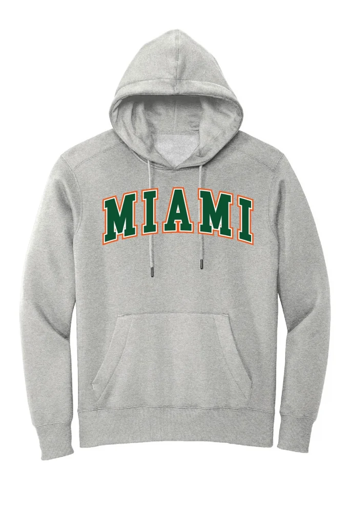 A picture of a grey hoodie with orange and green letters that says "Miami" on a white background, a classic Miami gift