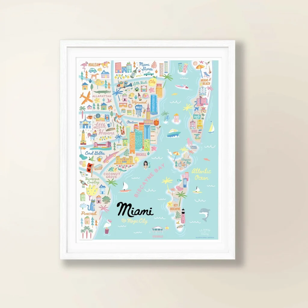 A picture of vintage-style cartoon map of the city of Miami featuring dolphins, mermaids, and palm trees, in a white frame, on a beige background. one of the best Miami gifts