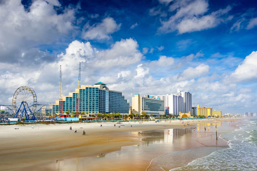 Looking from the beach towards Daytona with hotels and amusement parks.