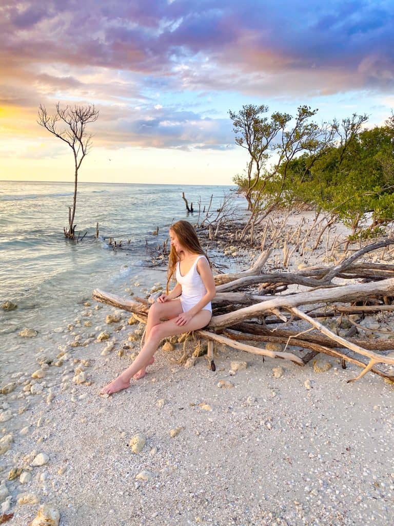 Girl in a white swimsuit sitting on driftwood on Honeymoon Island at sunset.