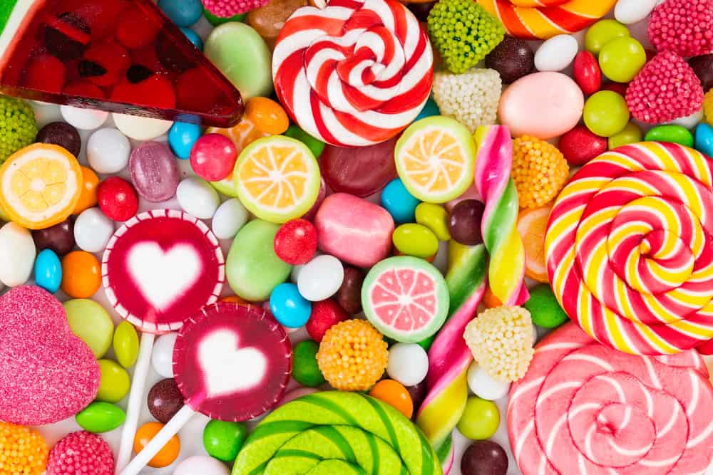 A selection of colorful candies and chocolates.