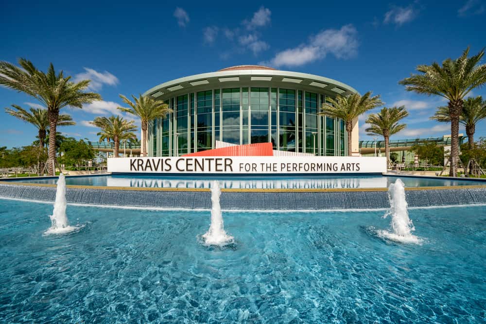 Front of the Kravis Center for the Performing Arts with fountains in bright, blue water.