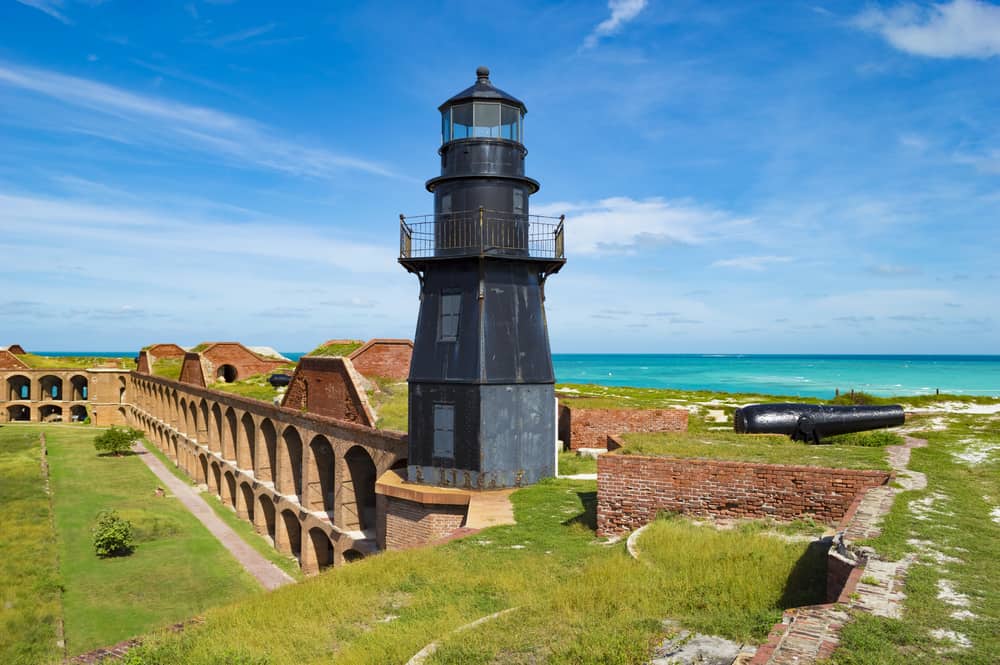 The black lighthouse above Fort Jefferson at Dry Tortugas National Park.  