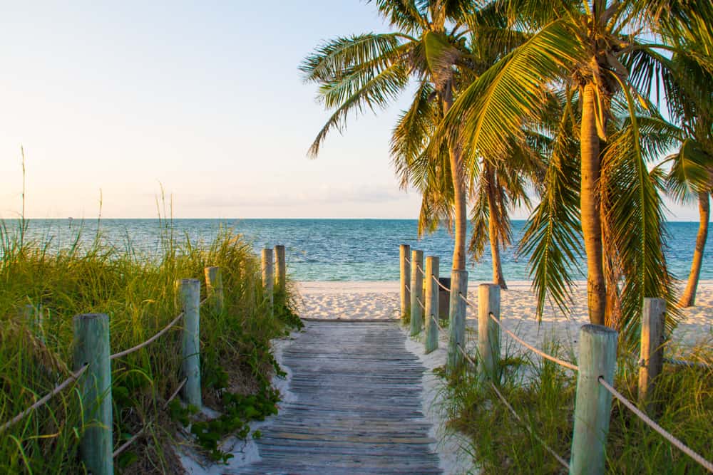 A boardwalk leading down to Smathers Beach with palm trees and golden hour light.