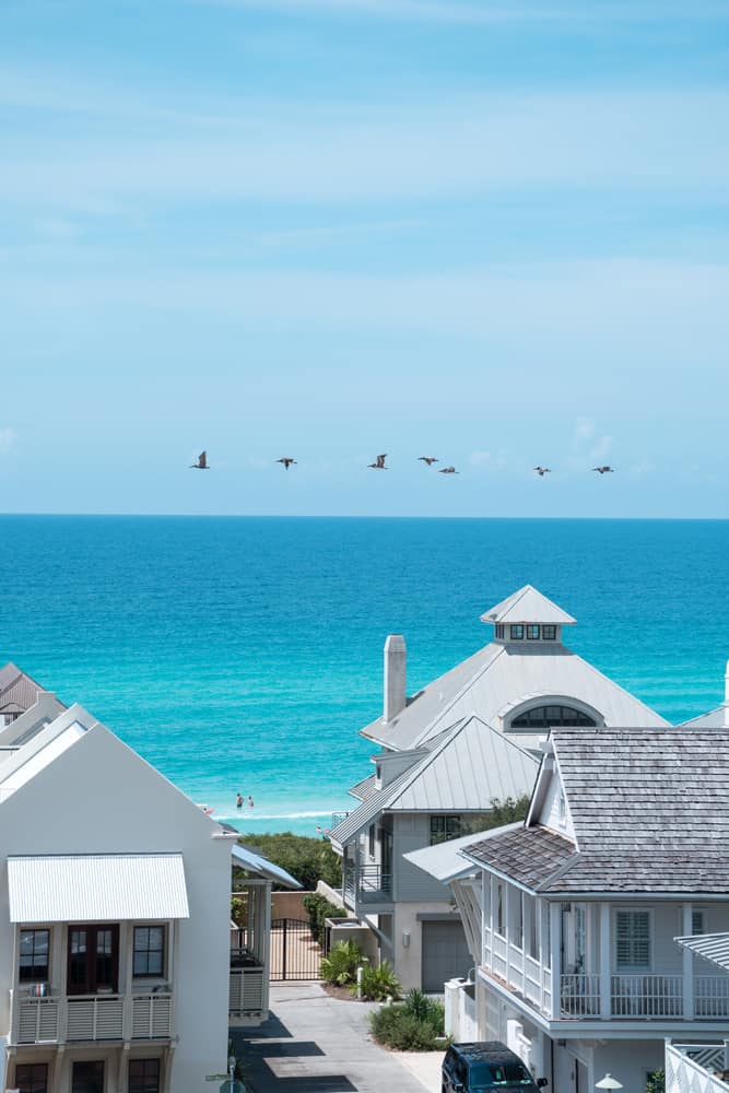 Seaside is a small quaint beach town in Florida with white buildings overlooking the ocean with birds flying overhead