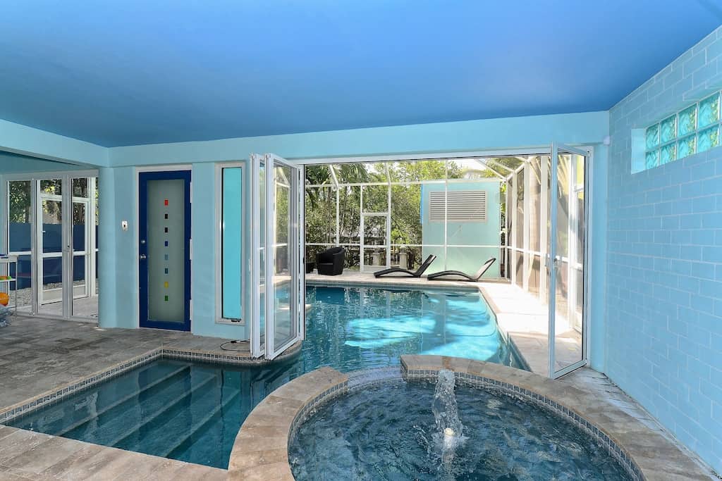 View of the indoor/outdoor pool at the beachfront luxury villa 