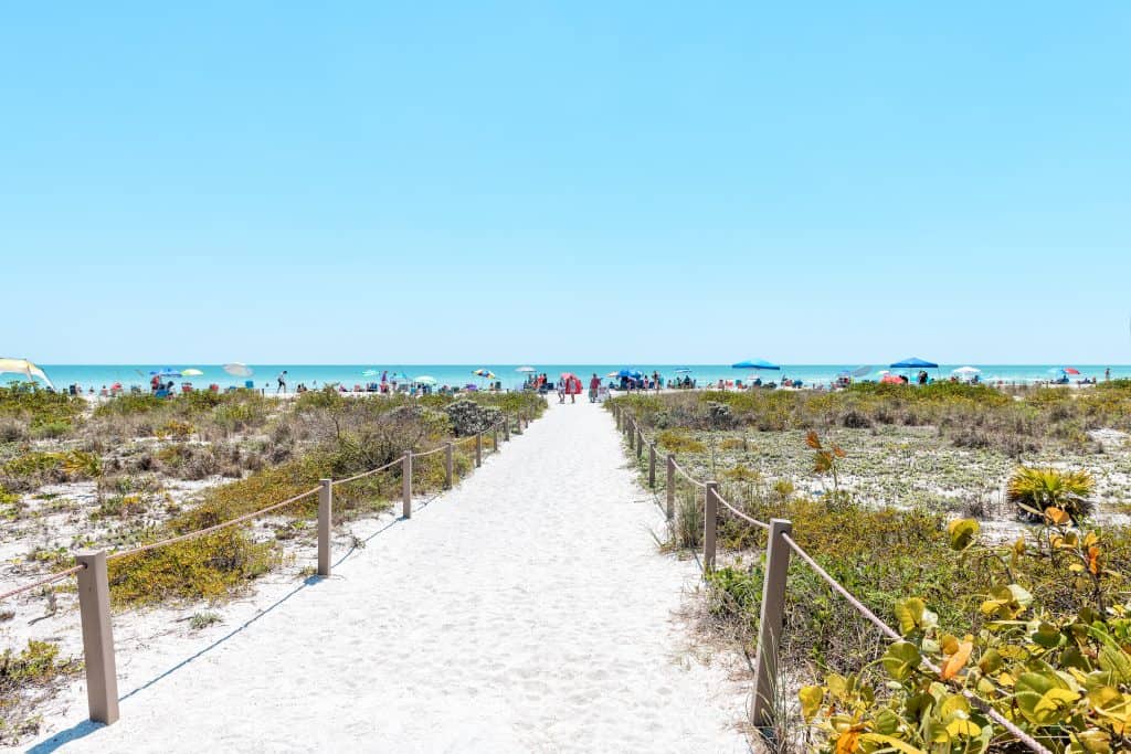 a front facing photo of the sand path with lush vegetation on both sides of the path, separated by a rope from the path. The waters in the background sparkle under the tops of the umbrellas in the distance