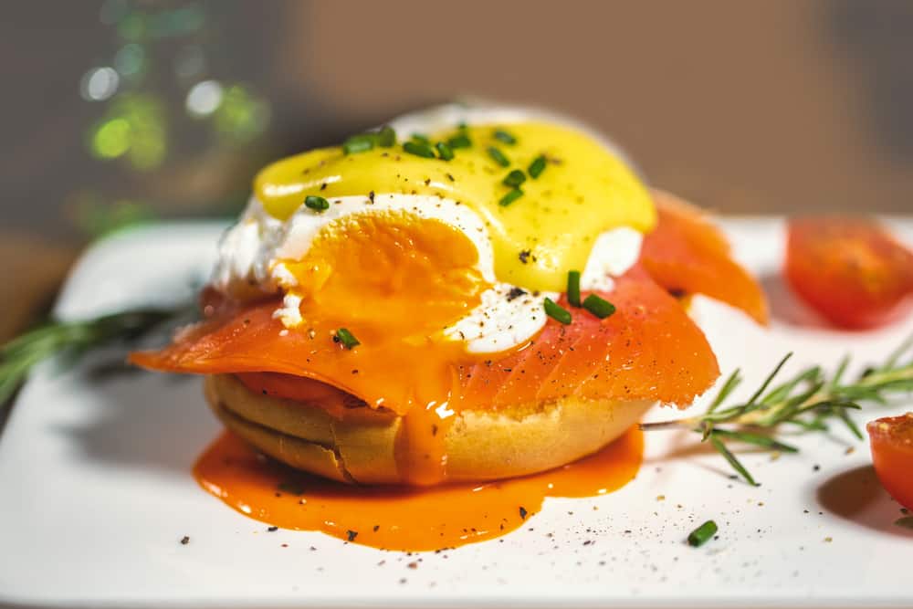 The smoked salmon Benedict made of an English muffin, salmon, and egg is a great breakfast in Naples.