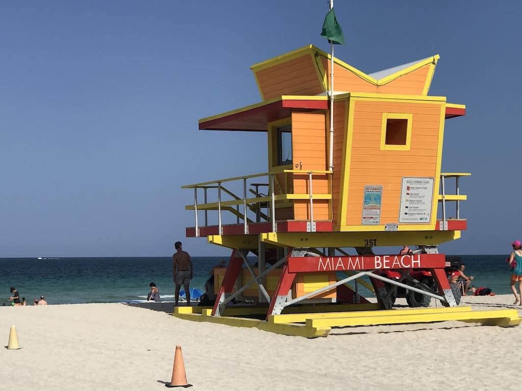 View of the iconic Miami Beach lifeguard station, and the beautiful blue Atlantic waters. 