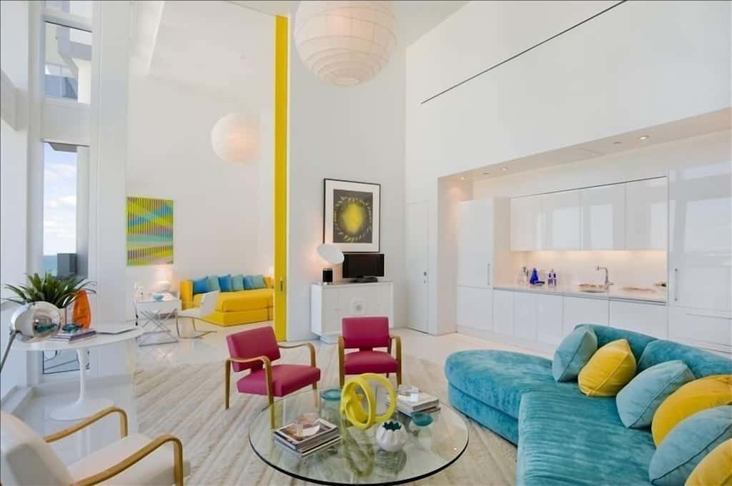 Photo of the modern & super colorful living room of this VRBO