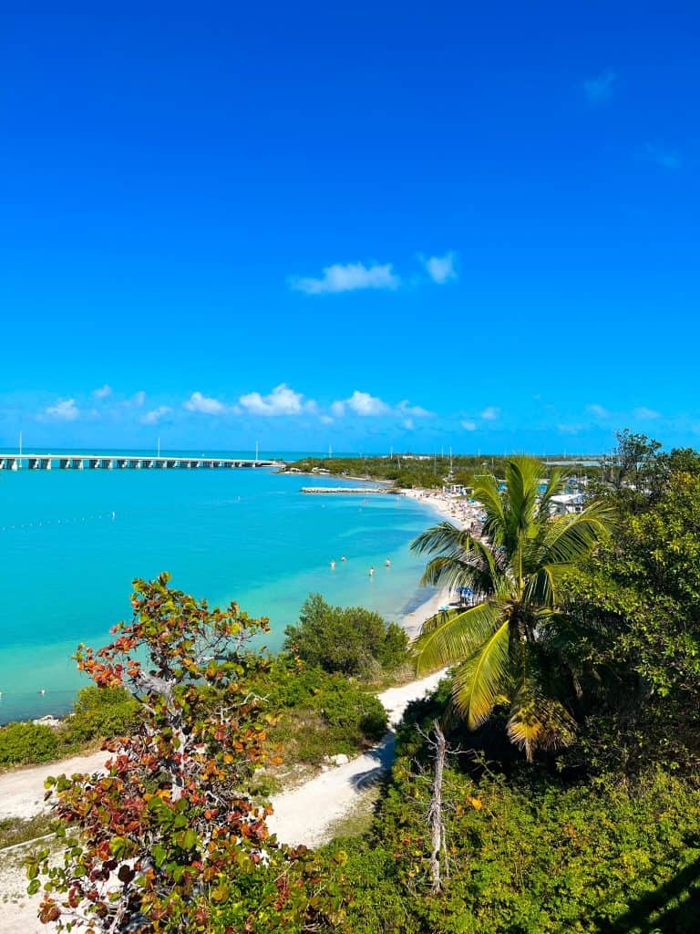 A gorgeous aerial view of the beach at bahia honda. there is colorful foliage, turquoise and blue water, and they key west highway bridge in the background, one of the best Florida Keys State Parks