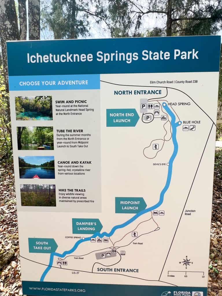 A map of Ichetucknee Springs State Park that shows the north entrance, midpoint launch, head spring, blue hole, and south take out. 