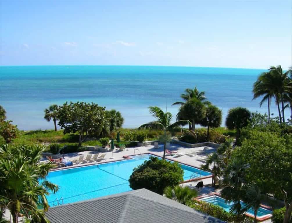 View of the palm trees, pool, and beach from the Top Floor Condo. 