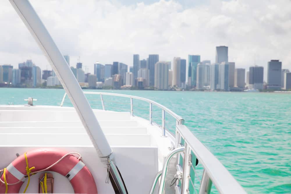 A view from the boat looking over the Miami skyline on a date night in Miami. 