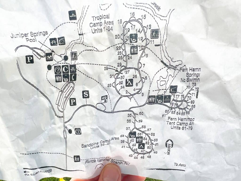 A map of Juniper Springs lays out the camping area, the pool, the fern hammock and more.