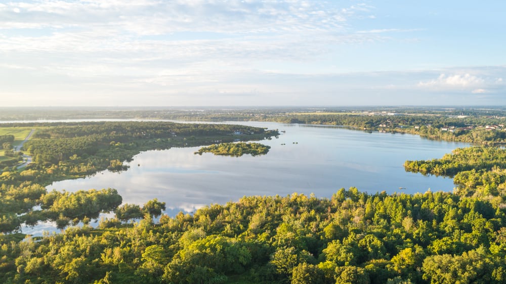  Beautiful sunrise over Lake Apopka in Monteverde. Aerial view of the lake and islands 