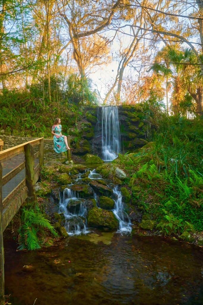 This long shot photo shows one of Rainbow Springs waterfalls as if cascades down into the water below, dipping over moss colored rocks. A woman gazes over this on the edge of the walkway.