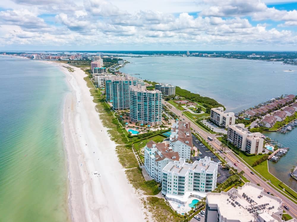 an arial view of the bay and gulf at sand key beach