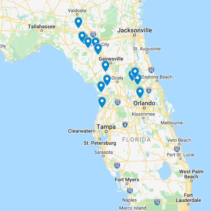 Google maps image with pins on the best Florida springs.