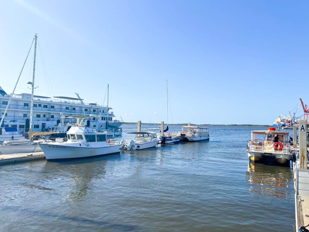 Boats of different varieties docked in the harbor on Amelia Island on a sunny day. 