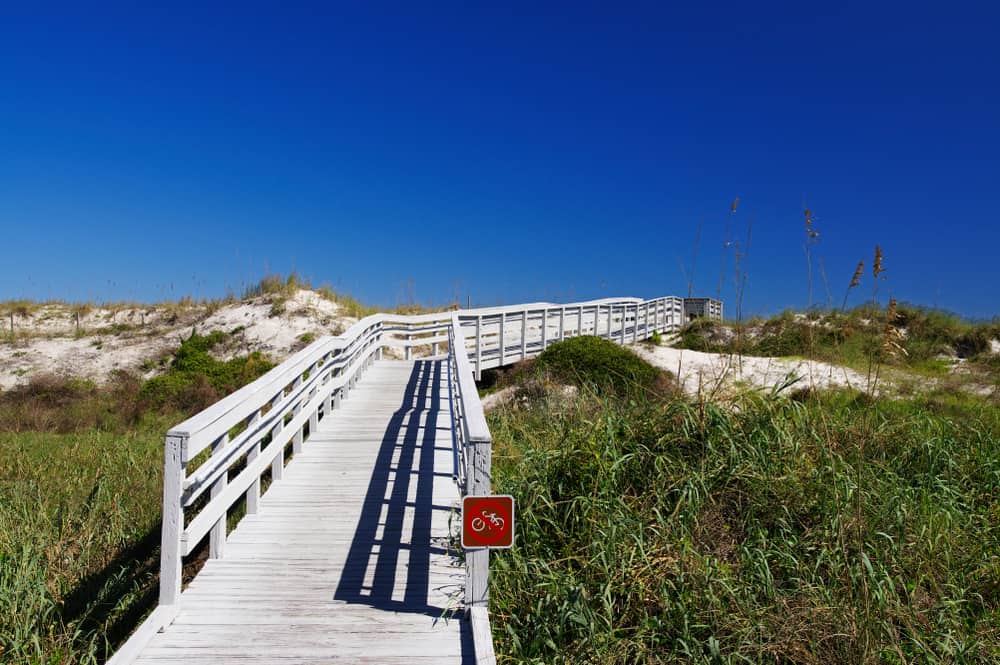 A boardwalk cutting through sand dunes at Anastasia State Park, one of the best things to do in Saint Augustine.