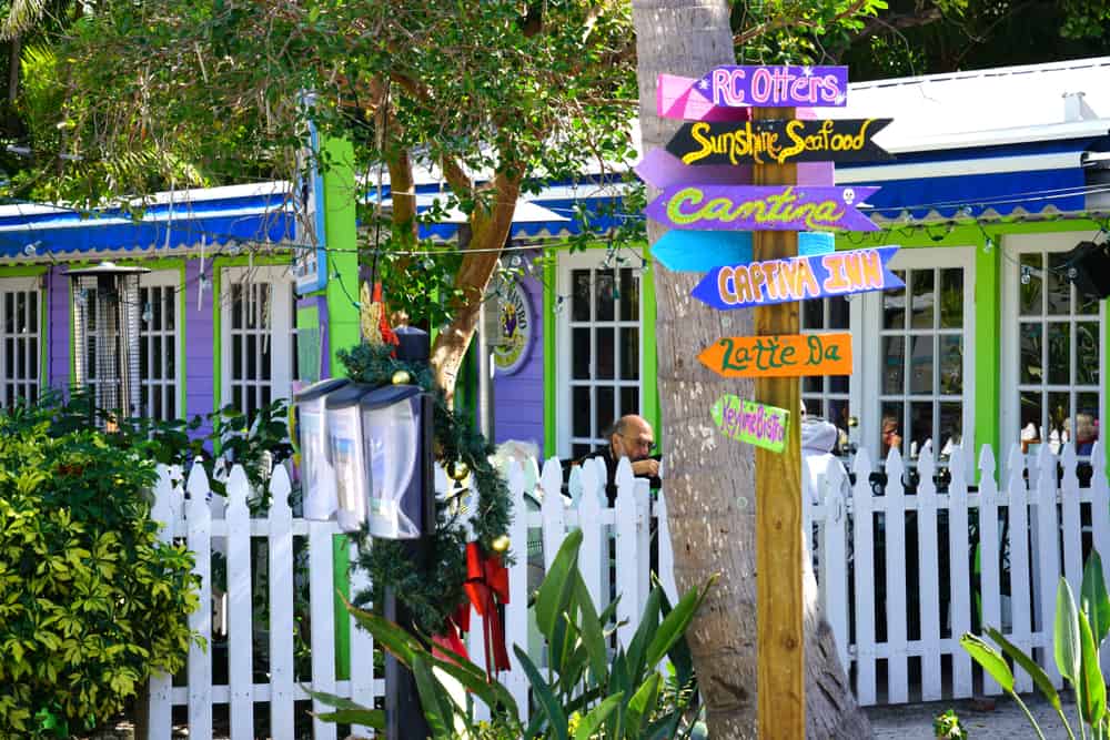 View of downtown Captiva showing a sign pointing to restuarants in Captiva 