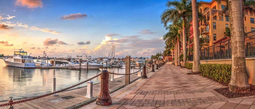 A picture of the marina on Marco Island at sunset, one of the best things to do in southwest Florida!