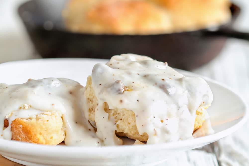 A plate of biscuits and gravy.