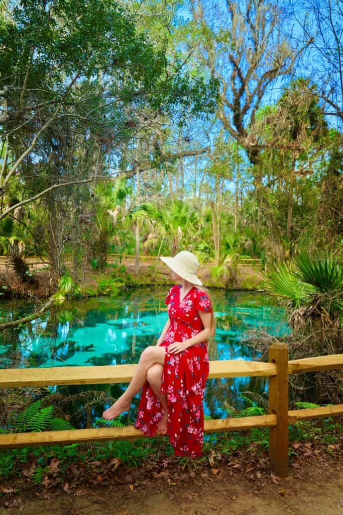 A woman in a red dress and sun hat sits on a wooden fence overlooking the blue water of Juniper Springs in Florida.