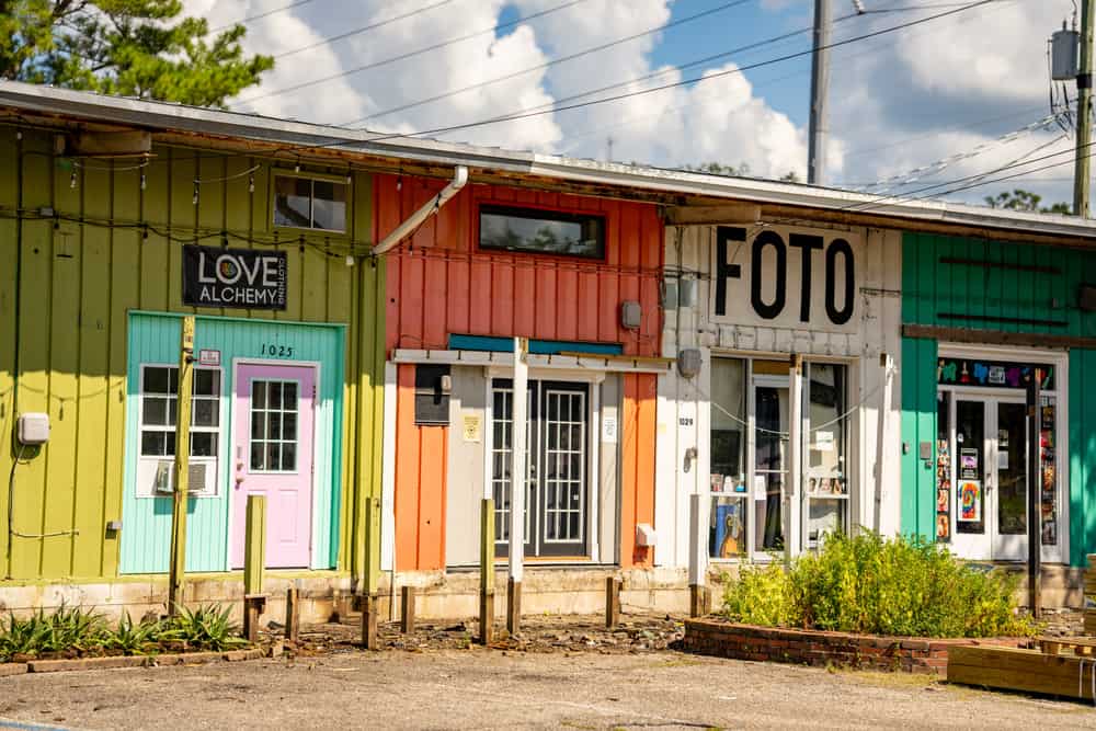 Colorful shop fronts in the Railroad Square Art District.