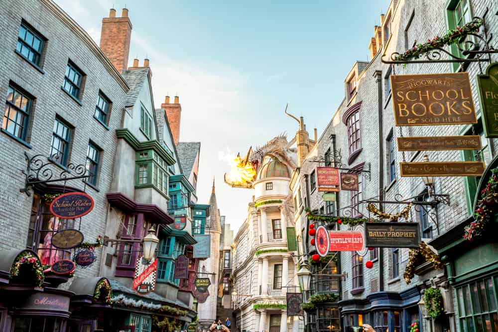 Diagon Alley in the Harry Potter section of Universal Studios with the dragon breathing fire.