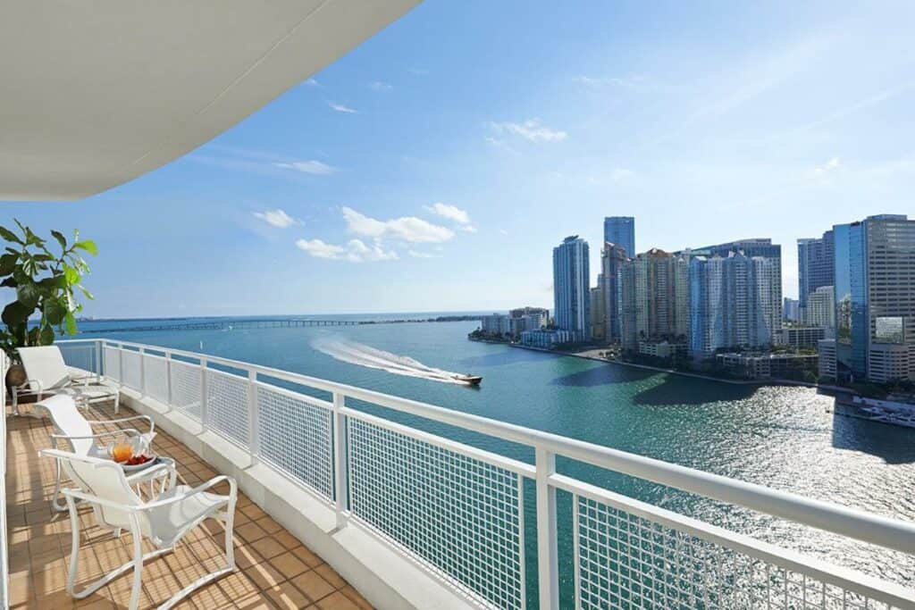 a view of the ocean from the balcony of the mandarin oriental hotel in Miami, one of the best luxury hotels in Florida 