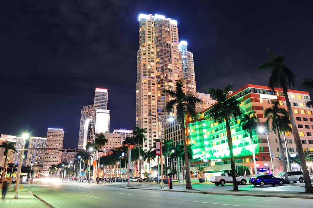 Downtown Miami at night is the first stop on a Florida Keys road trip and a great place to explore after dark