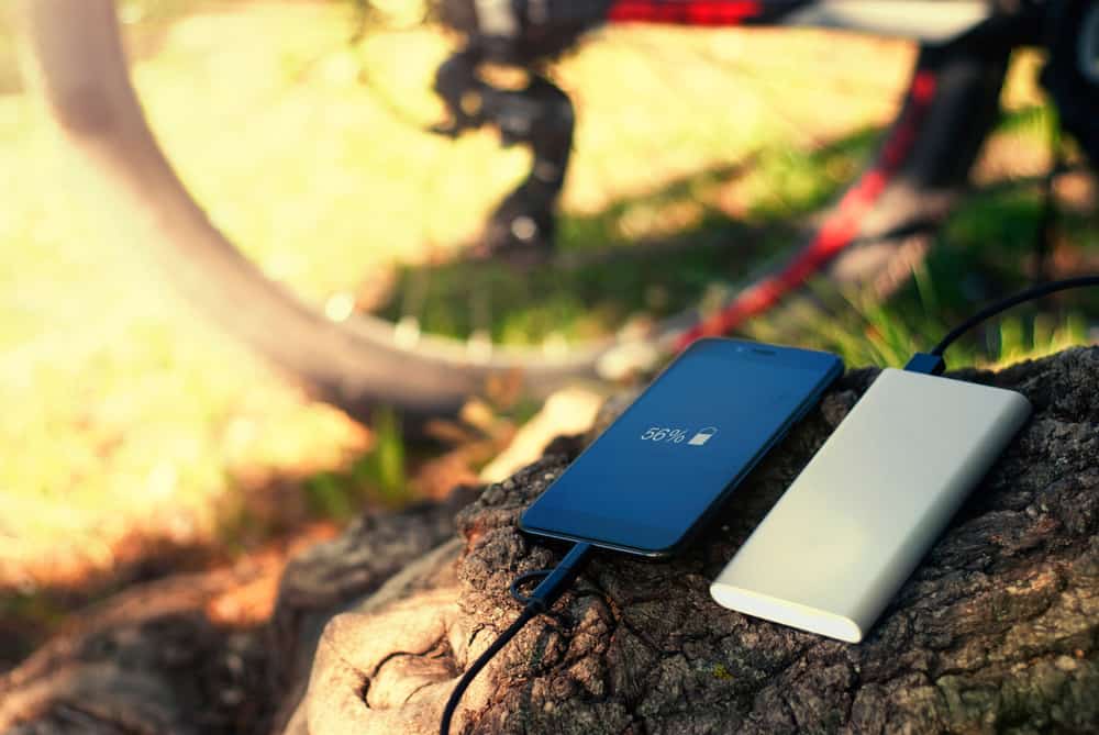 A phone sits plugged into a portable charger on a tree stump. Easy chargers like this should be a part of your hurricane preparedness list. 