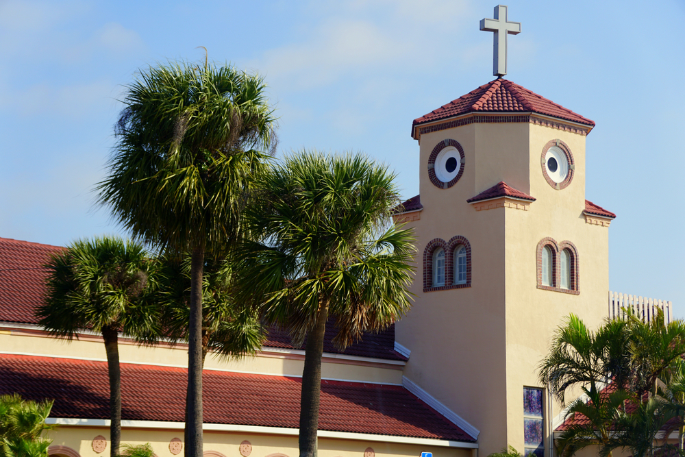The Church by the Sea in Madeira Beach, the tower of which when viewed from the side looks like a chicken, with round windows for eyes.