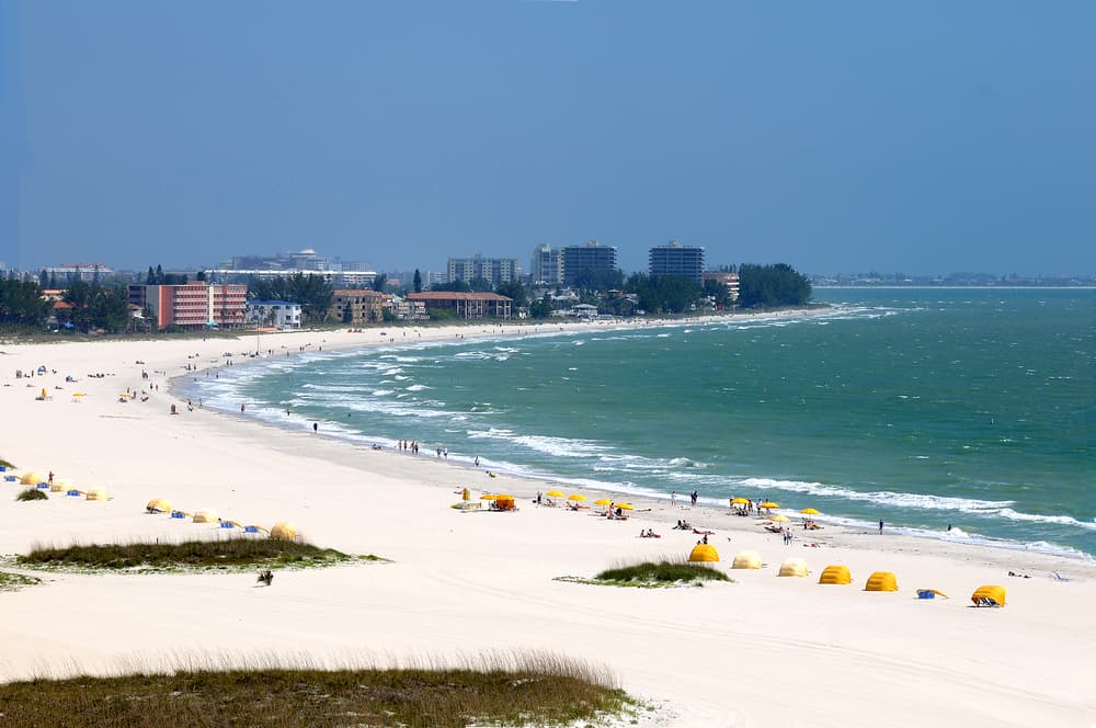 Yellow beach umbrellas spread out along the sand with blue waves, with the buildings of Treasure Island, FL in the background.