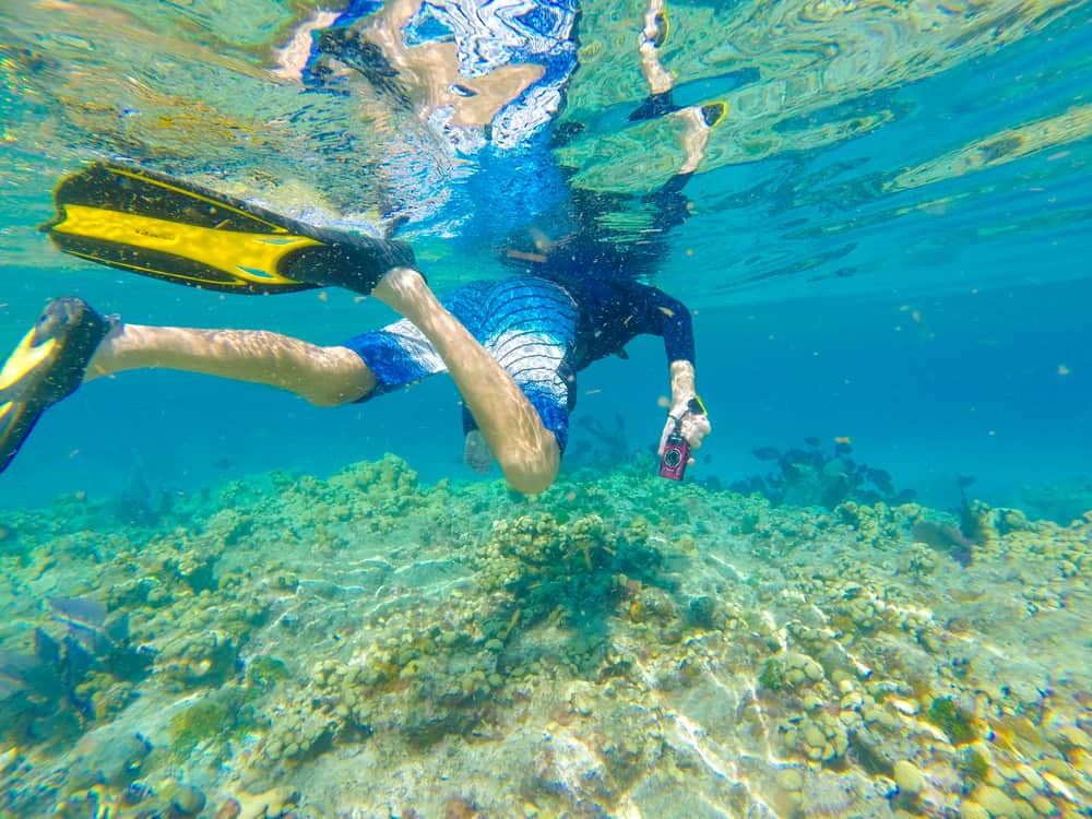 A man in blue striped swim trunks and yellow fins hovers over a coral bed with a camera, experiencing the best snorkeling in the Florida Keys!