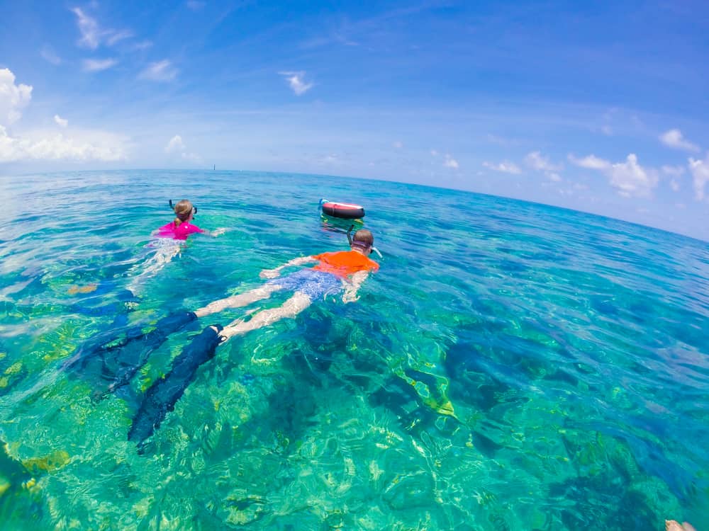 A couple in pink and orange shirts float a top blue waters, with fins and snorkels. They are experiencing the best snorkeling in Key West at Alligator Reef! 