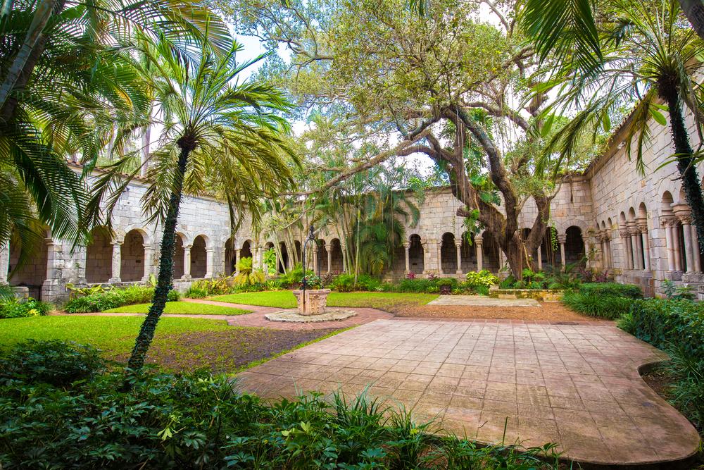 Courtyard of the Spanish Monastery with many trees and gardens.