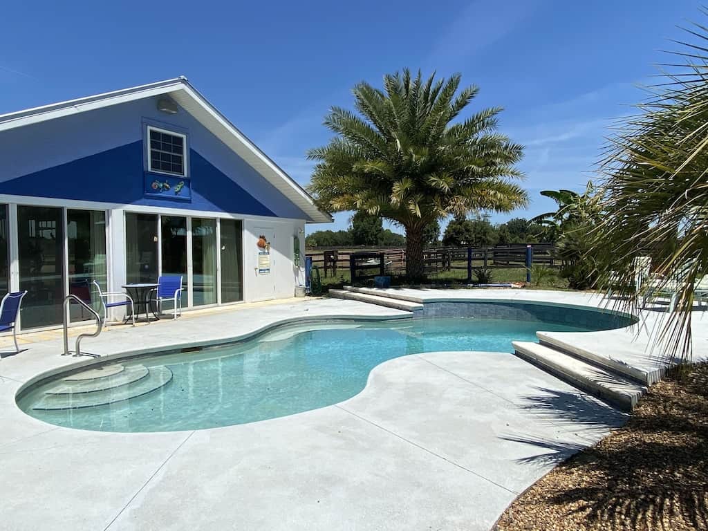 View of the pool, cottage, and nearby paddock of this VRBO. 