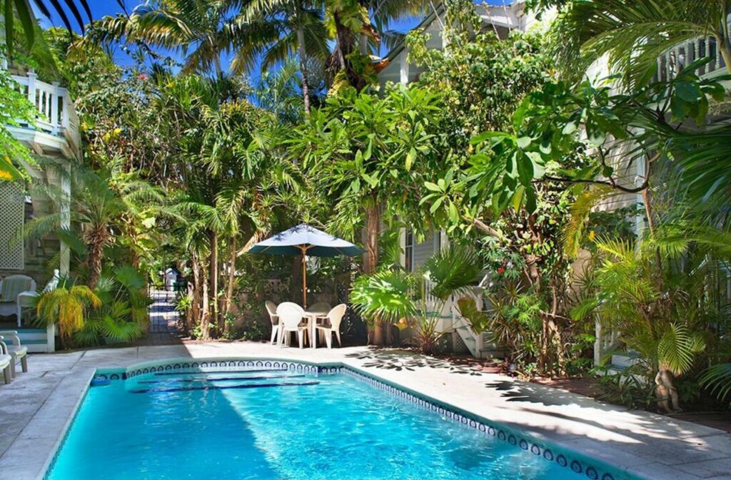 A picture of the lush courtyard that houses the swimming pool at the Coco Plum Inn, where to stay in key west if you like a green swimming area!