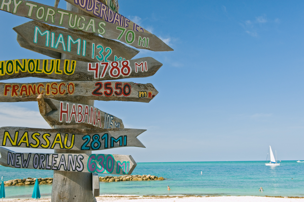 A sign on the beach in Key west that shows the distance of several different iconic american cities with the ocean in the background 