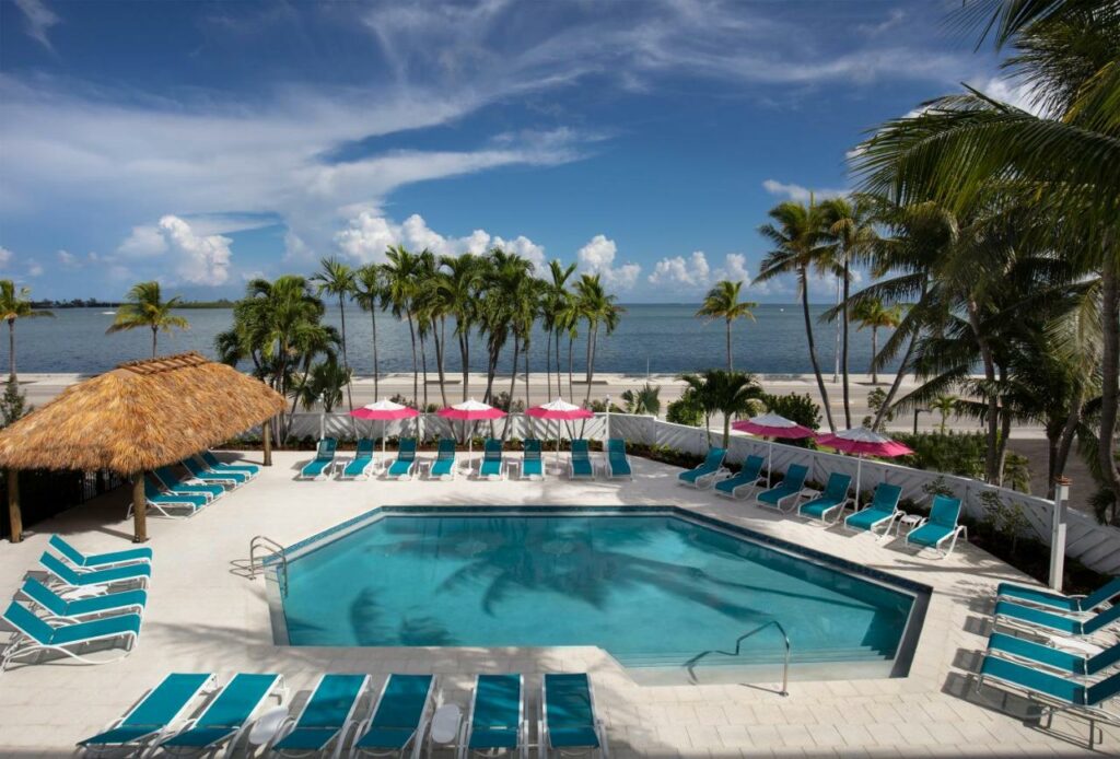A picture of the pool area at the Laureate Key west, the chairs are teal and the umbrellas are pink