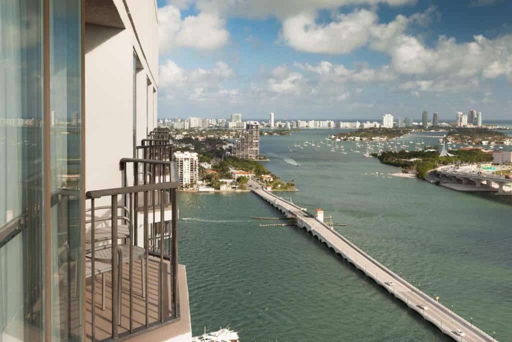 they skyline of the Biscayne Bay from the balcony of the Marriott Key Biscayne one of the places where to staying Miami