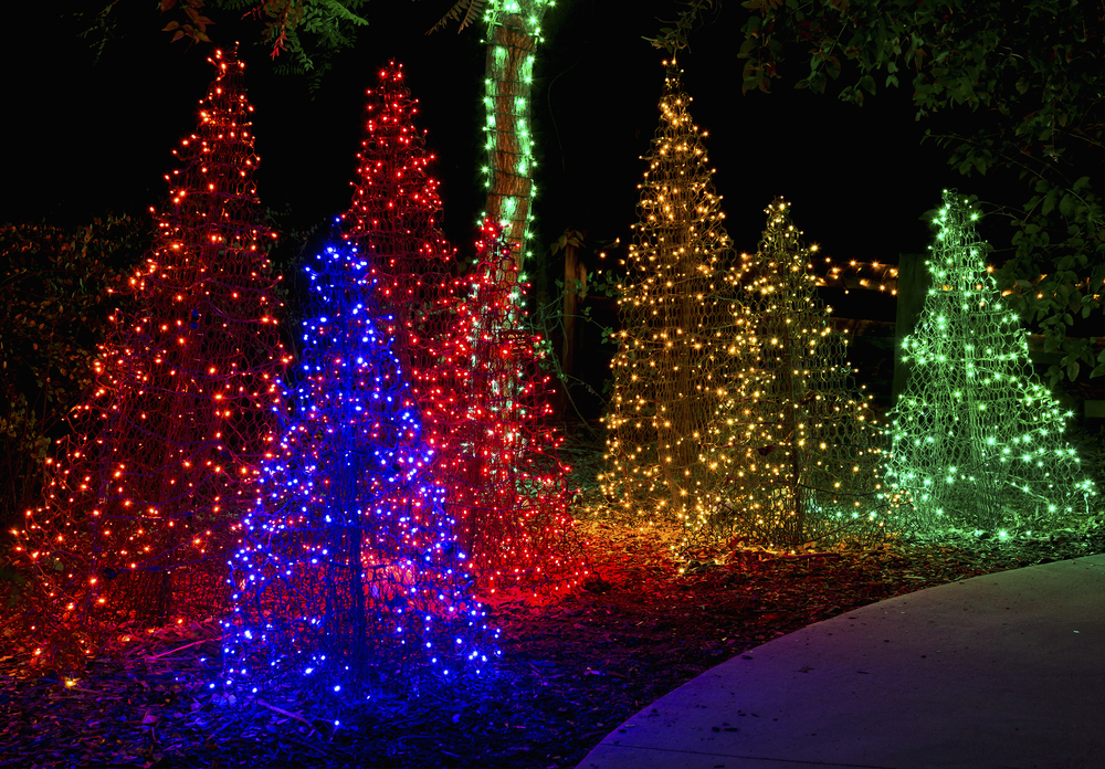 A group of fake Christmas trees stands lit, each a different color, at the Holiday Lights event in Largo Central Park which has some of the best Christmas lights in Florida.
