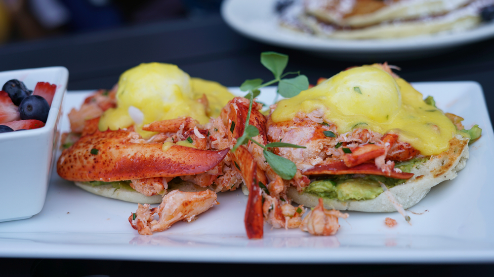 Lobster Eggs Benedict sits atop avocados on a white plate with a small piece of green garnish, like that served at The Stuffed Pig, one of the best restaurants in Marathon.