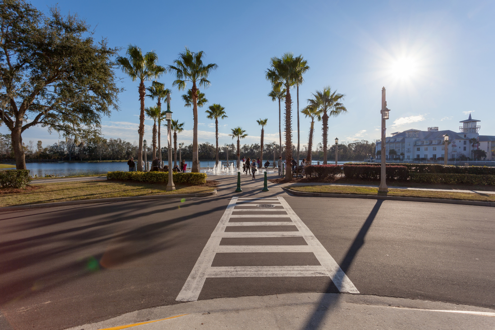 one of the walking trials with a fountain in front of the lake with palm trees